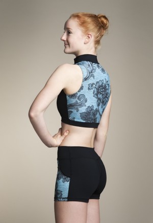 Ainsliewear: Style AW315HL Zip Front Crop Top with Heirloom Print and AW423HL Shorts with Heirloom Print